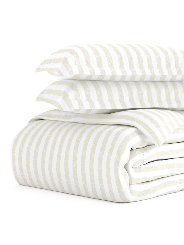 - 3 Piece Ivory Puffed Rugged Striped Duvet Cover Set with Shams for Queen Size Bedding