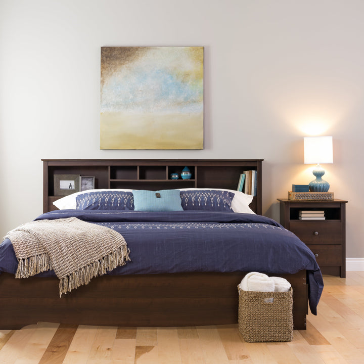 King Size Bed Headboard: Stylish Espresso King Headboard with Bookcase for King Size Beds, Freestanding (81.5" W X 43" H X 11" D) - ESH-8445