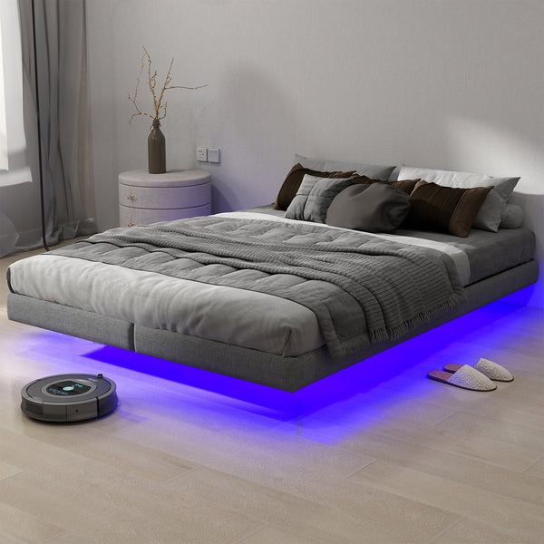 Floating Bed Frame Queen Size with LED Lights, Metal Platform Full Bed, No Headboard, No Box Spring Needed, Easy to Assemble