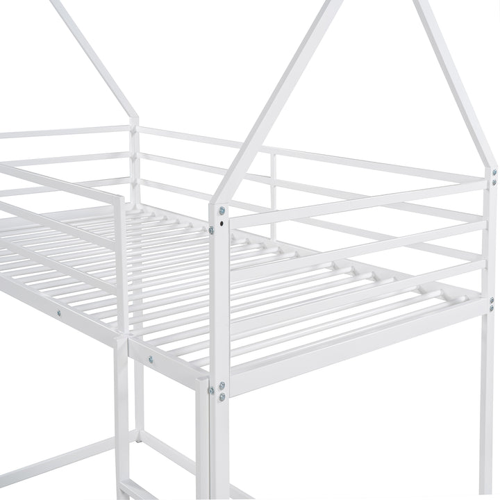 Metal House Bunk Bed, Twin over Twin Bunk Bed with Ladder, Toddler Floor Bunk Bed for Kids, Boys & Girls (White)