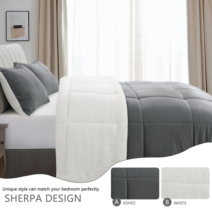 King Sherpa Comforter Set, Soft Quilted down Alternative Comforter Reversible Duvet with 2 Pillowcases, Plush Warm Fall Winter 3 Piece Bedding Sets, Dark Grey