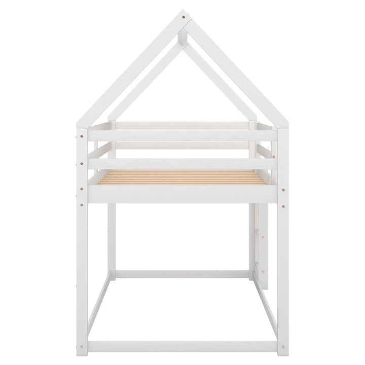 Wooden House Bunk Bed, Twin over Twin Bunk Bed with Ladder, Toddler Floor Bunk Bed for Kids, Boys & Girls (White)