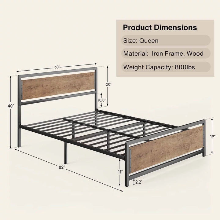 Queen Bed Frame with Rustic Vintage Wood Headboard and Footboard,Metal Support, 11'' Under-Bed Storage - Retro