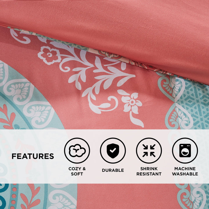 Intelligent Design 9-Piece Queen Comforter Sets with Sheet Bed in a Bag Coral Medallion Print Bedding Sets