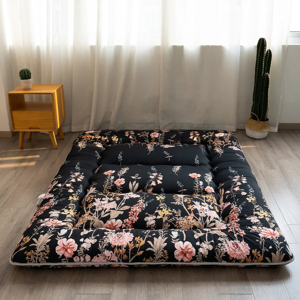 Japanese Floor Mattress Futon Mattress Floral Design Sleeping Mat with Dustproof Cover and Storage Bag Twin Size