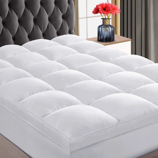 Queen Mattress Topper, Extra Thick Cooling Mattress Pad Cover, 400TC Cotton Pillow Top Protector with 8-21" Deep Pocket, Soft 5D Spiral Fiber Padding for Back Pain, White