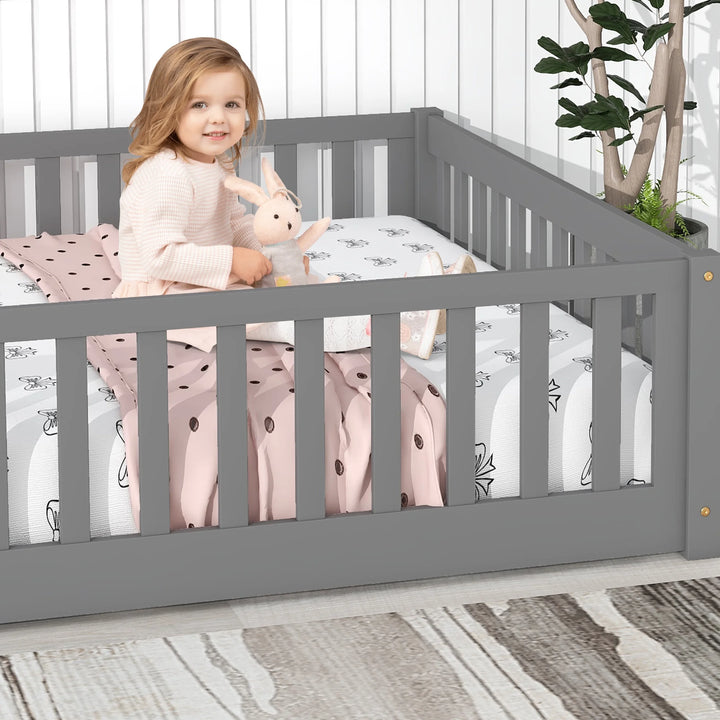 Kids Toddler Bed with Fence and Door, Full Size Platform Bed Floor Bed, Wood Bed Frame No Box Spring Needed, Gray