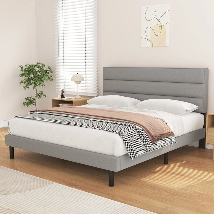 Full Bed Frame,  Full Size Platform Bed with Wingback Fabric Upholstered Headboard, Light Gray