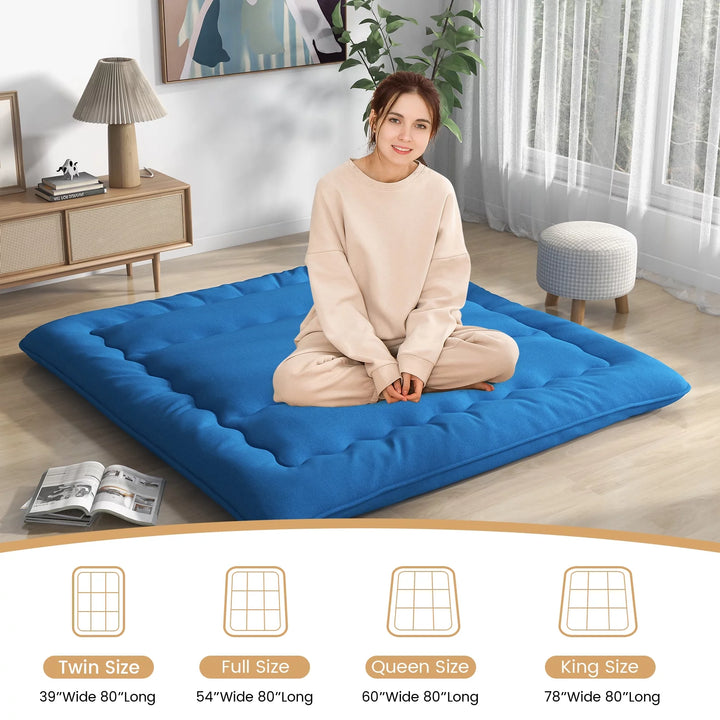 King Futon Mattress Japanese Floor Sleeping Pad Washable Cover Carry Bag Blue