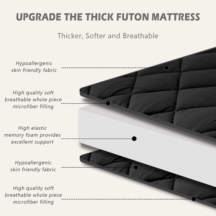 Japanese Floor Futon Mattress with Quilted Topper - Full Size, Black