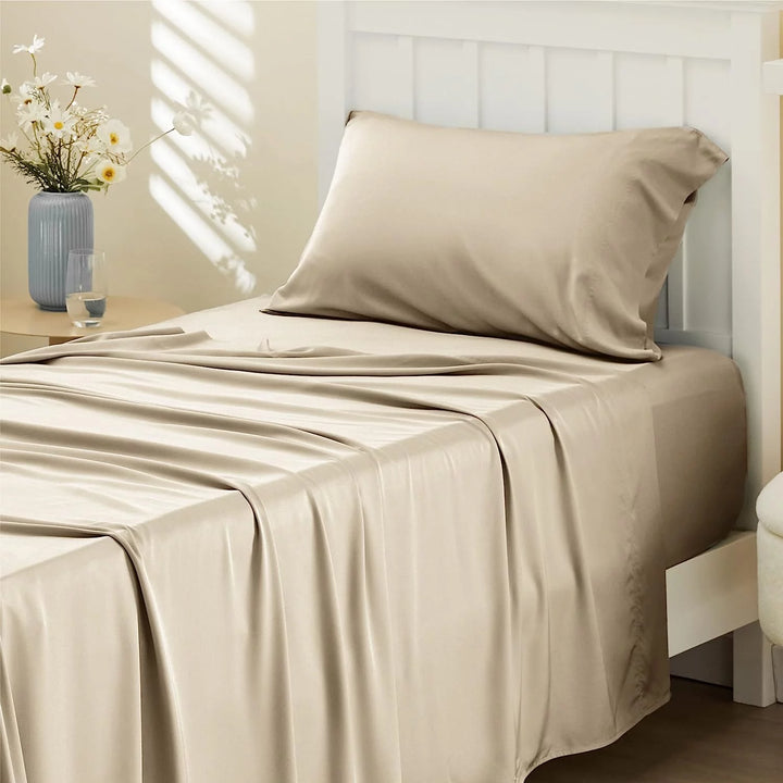 Twin Cooling Bed Sheets Set, Rayon Derived from Bamboo, Hotel Luxury Silky Breathable Bedding Sheets & Pillowcases, Beige