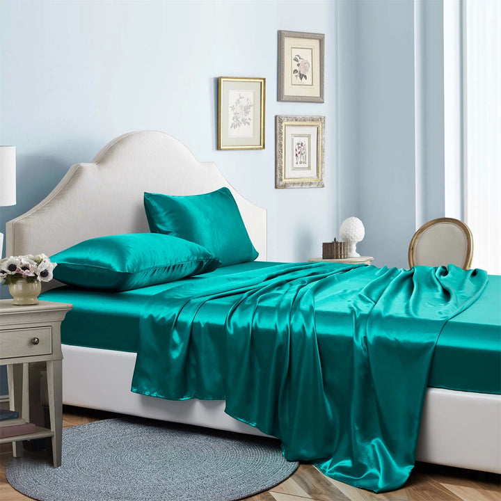 Satin Sheets Twin Silk Sheets Turquoise Bed Sheet Set Deep Pocket Bed Flat Fitted Sheet, 3-Pieces