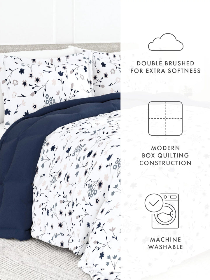 - Navy Forget Me Not Timeless Print All Season Down-Alternative Comforter for Queen Beds