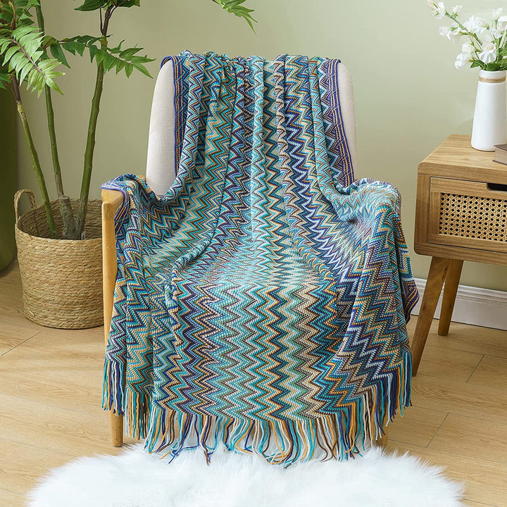 Knitted Throw Blanket with Tassel Knit Woven Wave Fringe Crochet Blanket Soft Lightweight Decorative N Blanket Afghan Hippie Outdoor Warm Throw for Sofa Bed Couch. 50 X 60 Blue