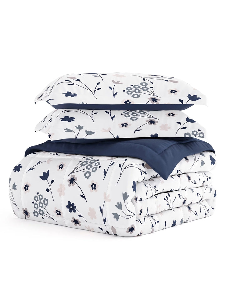 - Navy Forget Me Not Timeless Print All Season Down-Alternative Comforter for Queen Beds