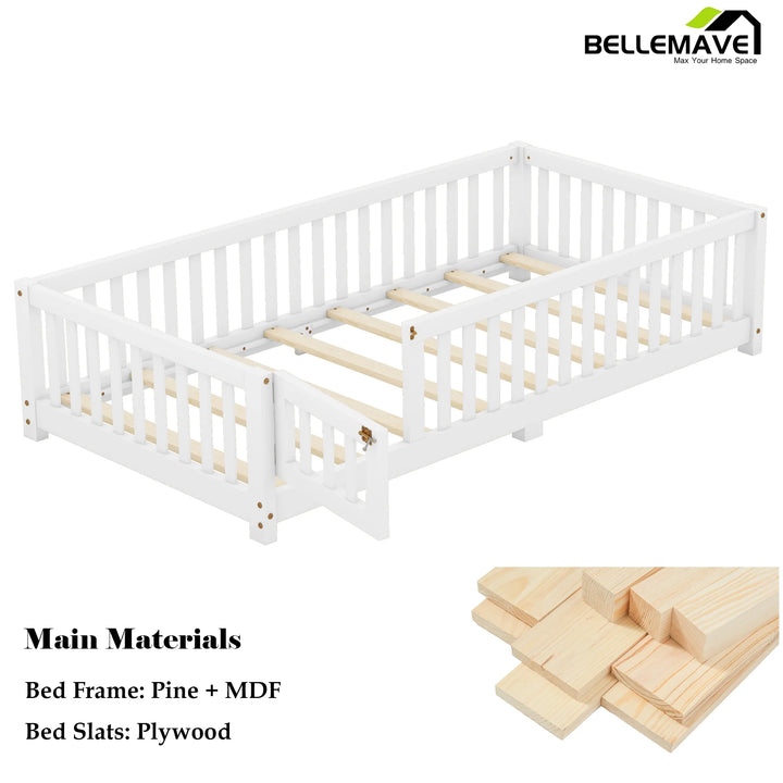 Twin Size Floor Bed with Door and Fence Toddler Floor Bed with Bed Slats Sturdy Wood Floor Bed Montessori Bed Frame for Kids, Boys, Girls (Twin, White)