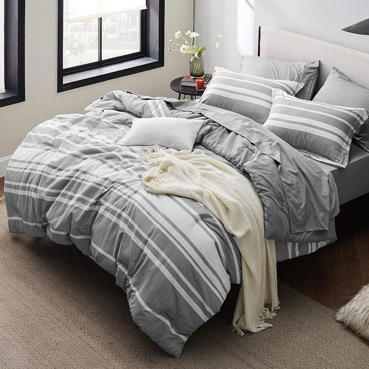 King Size Comforter Set - 7 Pieces King Bedding Sets All Season Bed Set, Grey White Striped Bed in a Bag with Comforter, Sheets, Pillowcases & Shams