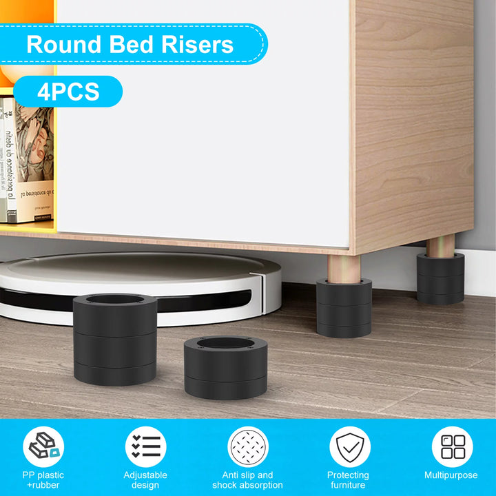 4 Pack Bed Risers Adjustable round Furniture Risers, 1.5"/2.5" Lift, Black