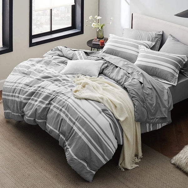 Queen Comforter Set 7 Pieces, Grey White Striped Comforter for Queen Size Bed Reversible, Cationic Dyeing Bed in a Bag with Comforter, Sheets, Pillowcases & Shams