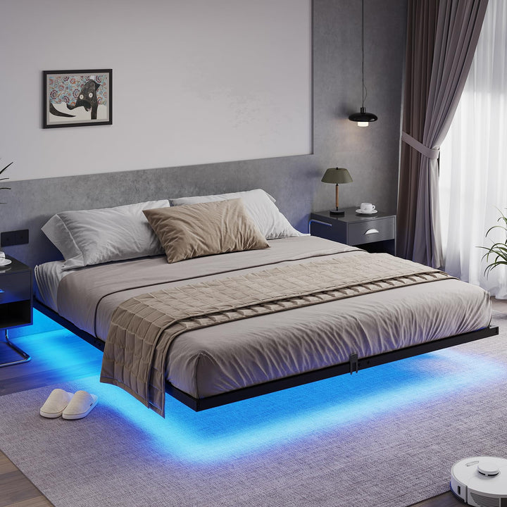 Floating Bed Frame King Size with LED Lights, Metal Platform King Bed, No Box Spring Needed, Easy to Assemble