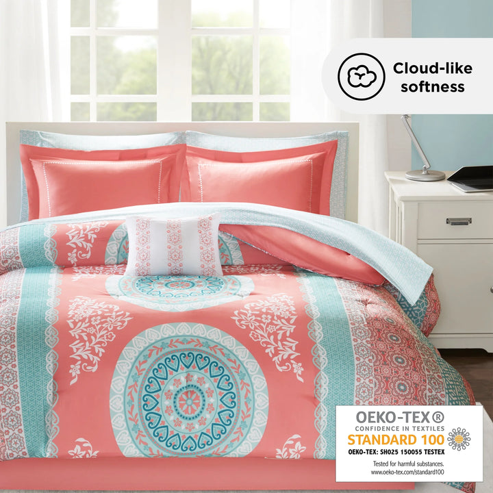 Intelligent Design 9-Piece Queen Comforter Sets with Sheet Bed in a Bag Coral Medallion Print Bedding Sets