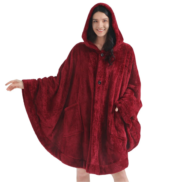 Angel Wrap Hooded Blanket Poncho, Wearable Blanket Throw Wrap Poncho for Women Adult, Cozy Fluffy Sherpa Fleece Shawl Cape with Hood Pockets, Warm Gift for Mom Wife, Wine Red