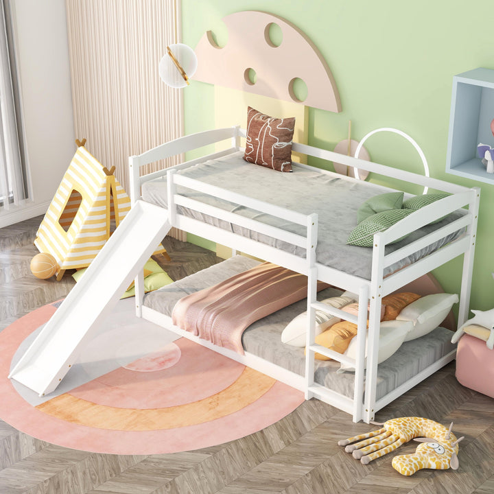 Low Bunk Beds Twin over Twin with Slide, Wooden Floor Bunk Bed Frame Built-In Ladder for Toddler Girls Boys (White)