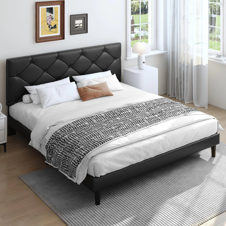 Upholstered Platform Queen Bed Frame with Headboard, Modern Black Faux Leather Queen Bed Frame with Wood Slat Support, Mattress Foundation for Adults Kids, No Box Spring Needed