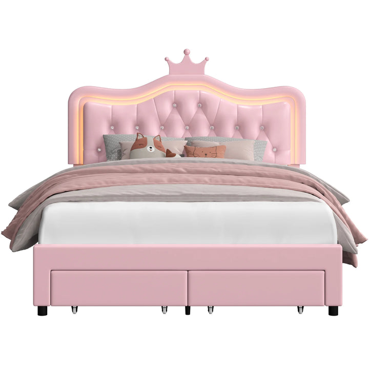 Full Size LED Bed Frame with Storage Drawers, PU Leather Crown Platform Bed with Crystal Tufted Upholstered Adjustable Headboard, Pink