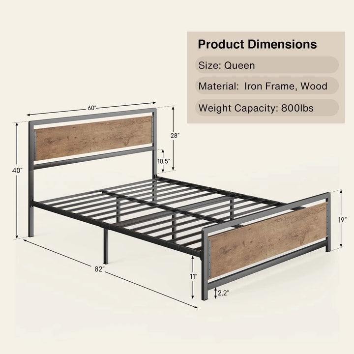 Queen Bed Frame, Queen Size Bed Frame with Wood Headboard and Footboard, under Bed Storage, 800Lbs, Retro