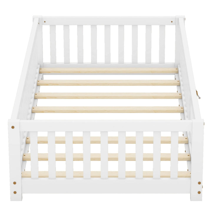 Twin Size Floor Bed with Door and Fence Toddler Floor Bed with Bed Slats Sturdy Wood Floor Bed Montessori Bed Frame for Kids, Boys, Girls (Twin, White)