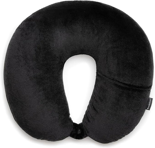 Microbead Travel Head and Neck Pillow Lightweight and Plush with Phone, Headphone Pocket