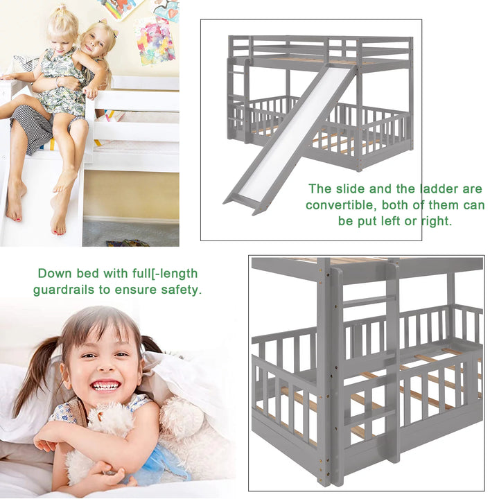 Low Bunk Bed with Slide, Twin over Twin Juniors Bunk Beds with Fence, Floor Bunk Bed Frame with Ladder for Toddler Kids Teens(Gray)