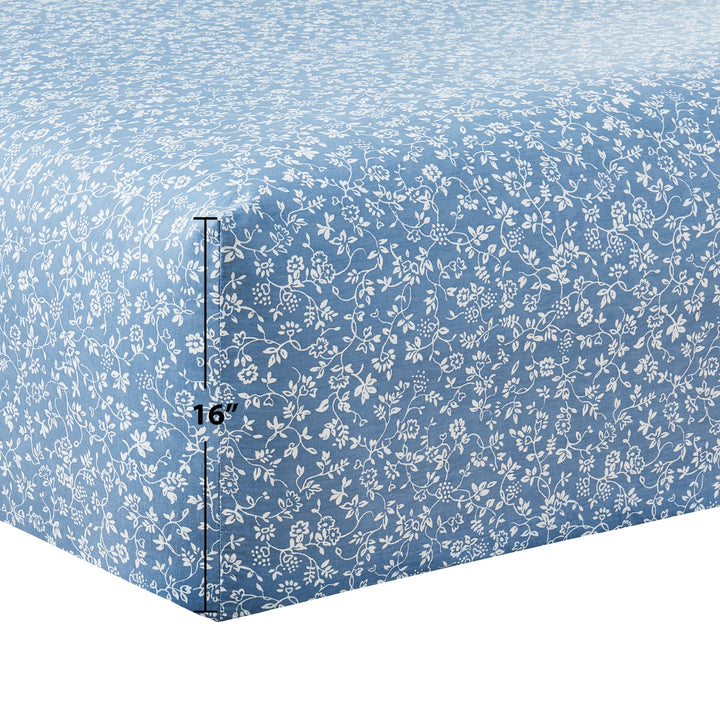 4-Piece 300 Thread Count Blue Floral Print CVC Cotton Blend Bed Sheet Set, Queen (Adult)