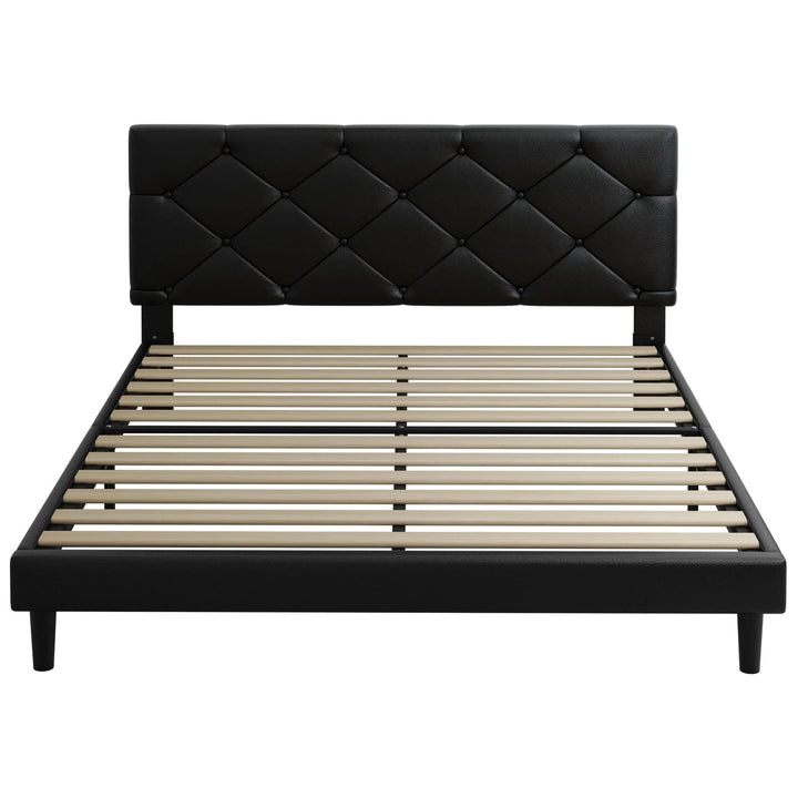 Upholstered Platform Queen Bed Frame with Headboard, Modern Black Faux Leather Queen Bed Frame with Wood Slat Support, Mattress Foundation for Adults Kids, No Box Spring Needed