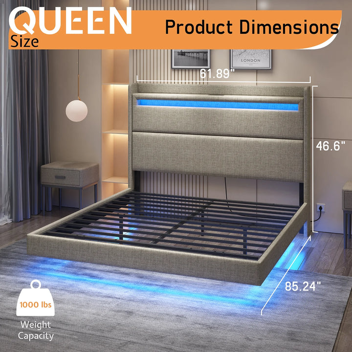 Floating Queen Bed Frame with LED Lights, Upholstered Platform Bed with Charing Station & Storage Wingback Headboard, No Box Spring Needed, Easy Assembly, Khaki