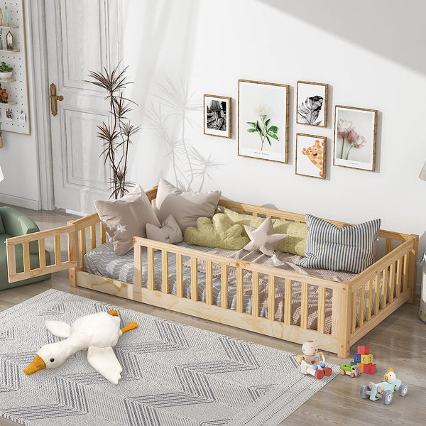 Twin Floor Bed Frame for Toddler, Montessori Floor Bed with Fence and Wood Slats, Low Wood Platform Beds for Girls Boys Kids Happy Time, Natural