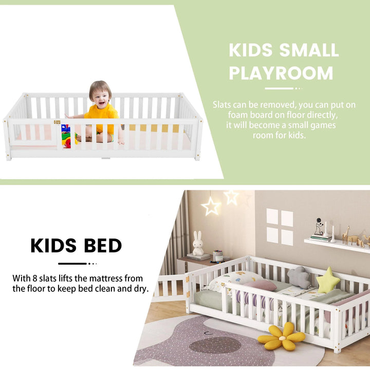 Twin Size Floor Bed with Door and Fence Toddler Floor Bed with Bed Slats Sturdy Wood Floor Bed Montessori Bed Frame for Kids, Boys, Girls (Twin, White)