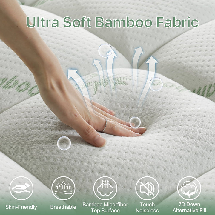 Bamboo Queen Size Quilted Pillowtop Mattress Topper Pad Cover with Deep Pocket Fitted 8"-21", Ultra Soft & Comfort