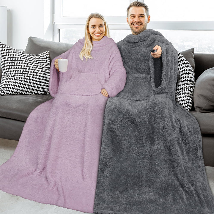 Fluffy Blanket with Sleeves Women Men Adults, Wearable Blanket Plush Soft Fuzzy, Hug Sleep Pod Snuggle Pocket Sleeved TV Throw, Sherpa Fleece Warm Cozy Shaggy Gifts Ideas Mom Wife, Dark Gray