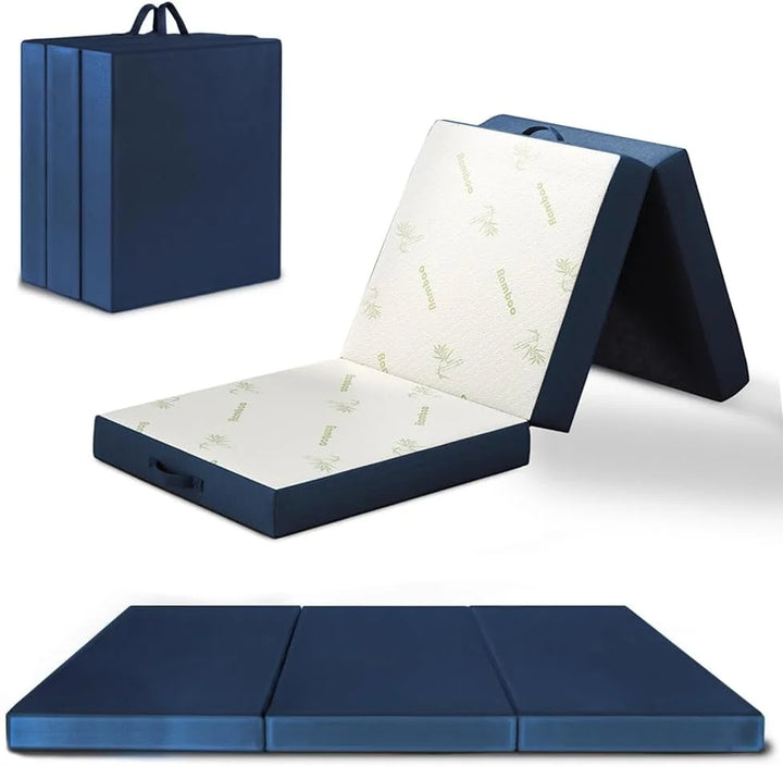 Folding Mattress - Trifold Foam Mattress Topper with Removable Cover -Lightweight and Portable Sleeping Mat - Navy - 25"