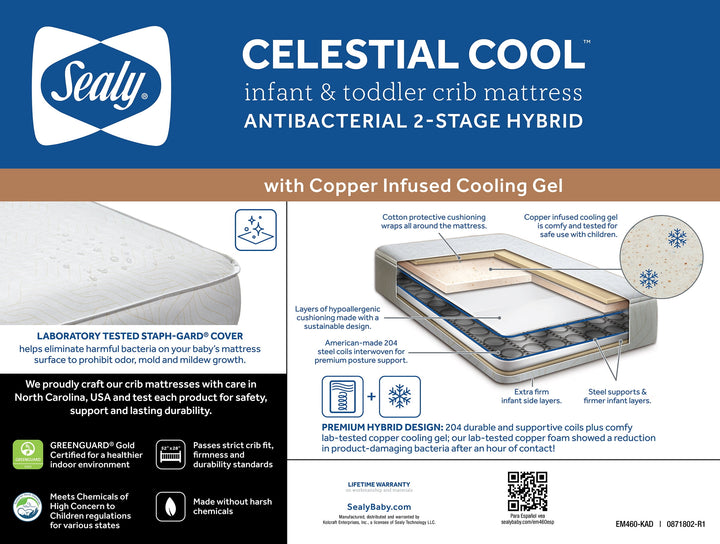 Celestial Cool Ultra-Premium 2-Stage Hybrid Antibacterial Baby Crib & Toddler Mattress, Cool Copper Gel