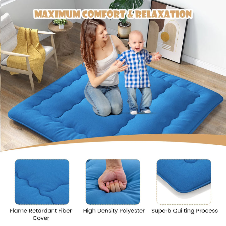 King Futon Mattress Japanese Floor Sleeping Pad Washable Cover Carry Bag Blue