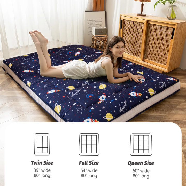 Extra Thick Futon Floor Mattress, Memory Foam Padded Japanese Floor Mattress, Navy Space, Twin