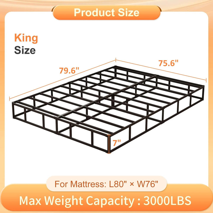 7 Inch Metal Box Spring King Bed Base with Fabric Cover, Easy to Install and Noiseless, Black