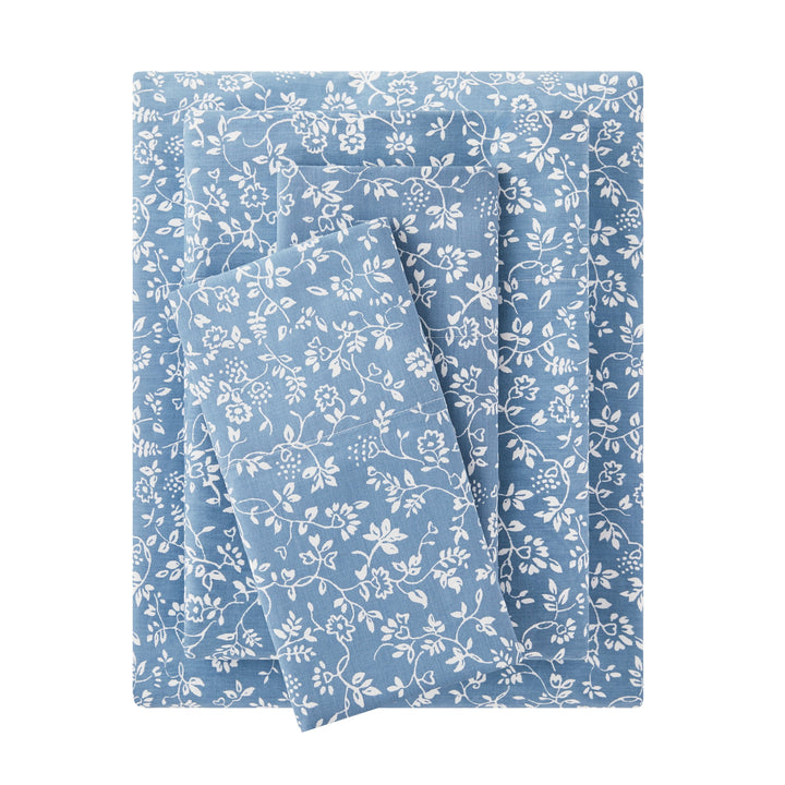 4-Piece 300 Thread Count Blue Floral CVC Cotton Blend Bed Sheet Set, King