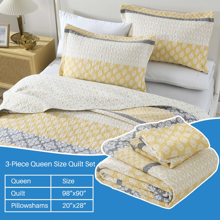 Quilt Bedspread for Queen Bed, 100% Cotton Gold (Yellow)/Gray Spring Floral Striped Printed Reversible Bedspread, Lightweight Farmhouse Summer Queen Quilt Comforter Set, 3-Piece 98"X90"