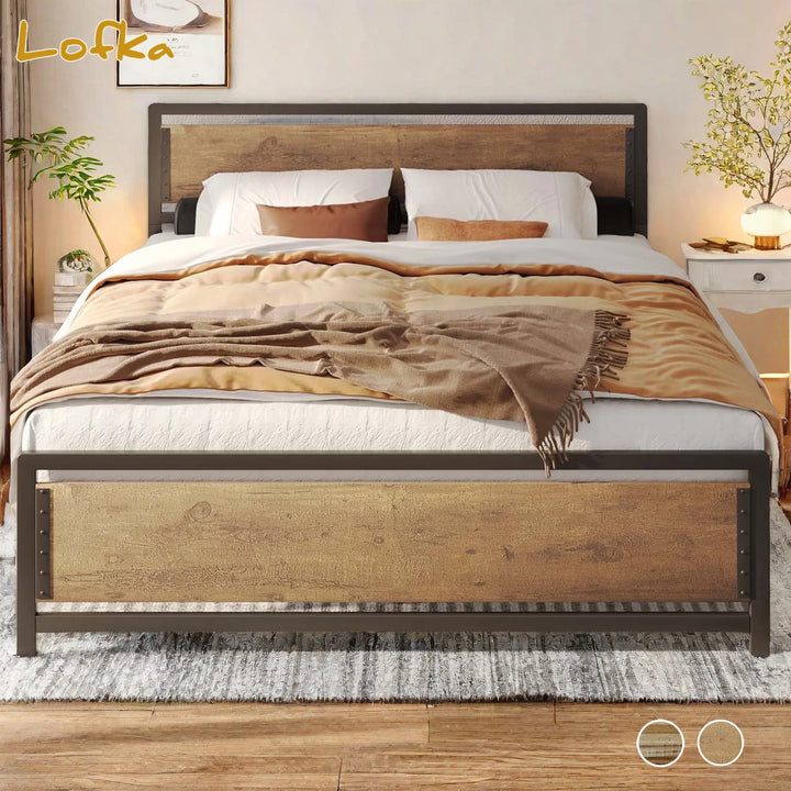 Queen Bed Frame, Queen Size Bed Frame with Wood Headboard and Footboard, under Bed Storage, 800Lbs, Retro