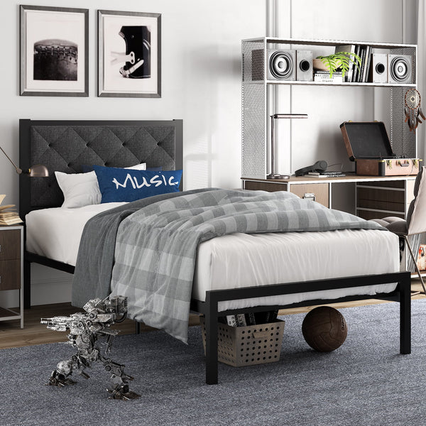 Twin Size Metal Bed Frame with Upholstered Headboard, Dark Gray