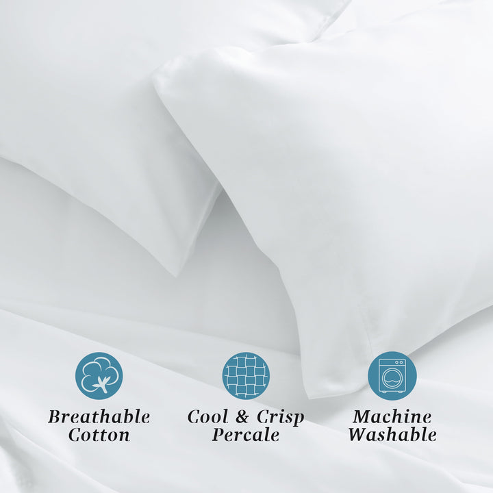 100% Cotton Percale 4-Piece Queen Size Deep Pocket Bed Sheets Set, 1 Fitted, 1 Flat Sheet with 2 Pillowcases, White